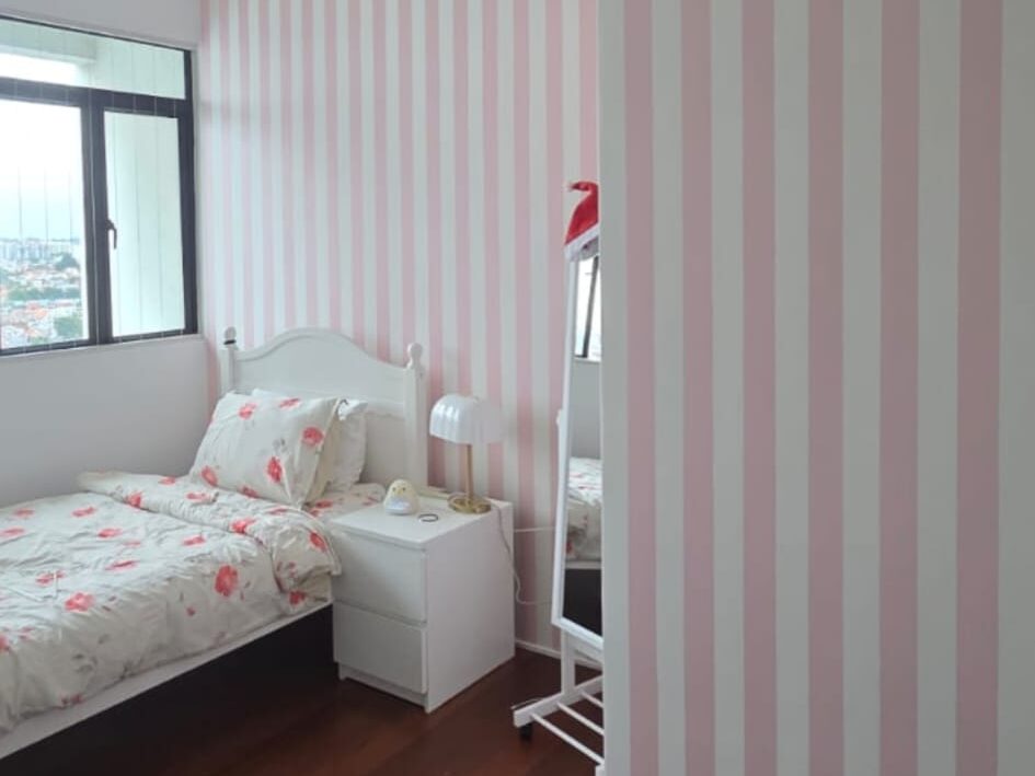 pink and white stripes korean wallpaper in singapore condo penthouse